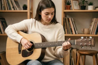 Jeune femme apprenant l'accord Gm à la guitare acoustique dans un studio de musique à domicile