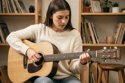 Jeune femme apprenant l'accord Gm à la guitare acoustique dans un studio de musique à domicile