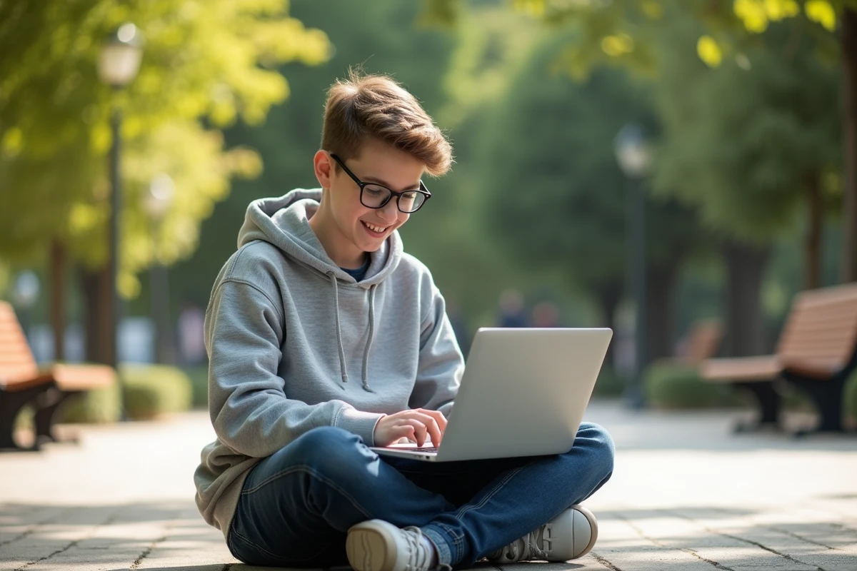 Adolescent étudie dehors avec son ordinateur portable