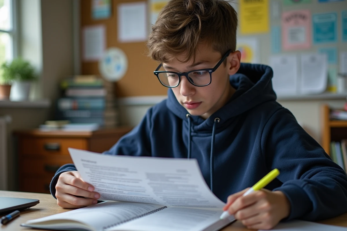 Adolescent lisant un essai de philosophie dans sa chambre