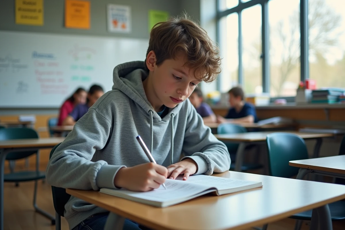 Jeune garçon français en classe moderne avec livre et stylo
