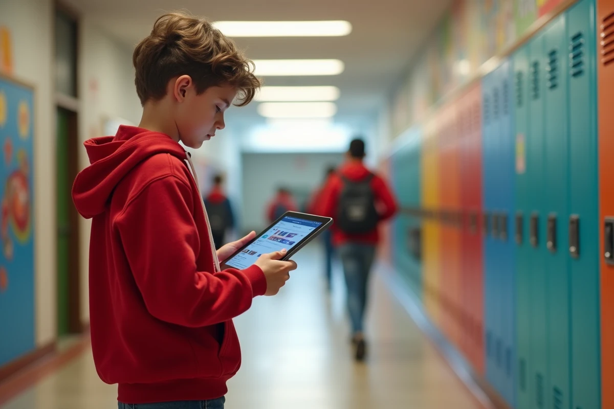 Adolescent utilisant une tablette dans un couloir scolaire