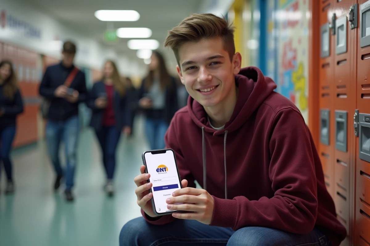 Adolescent souriant avec smartphone affichant le login IledeFrance