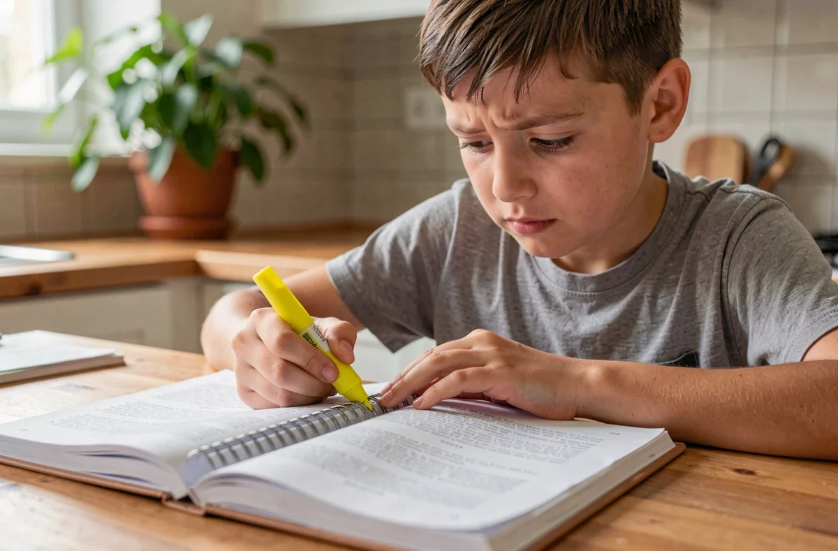 Adolescent faisant ses devoirs de grammaire française sur les verbes du 3ème groupe à la maison avec un manuel scolaire