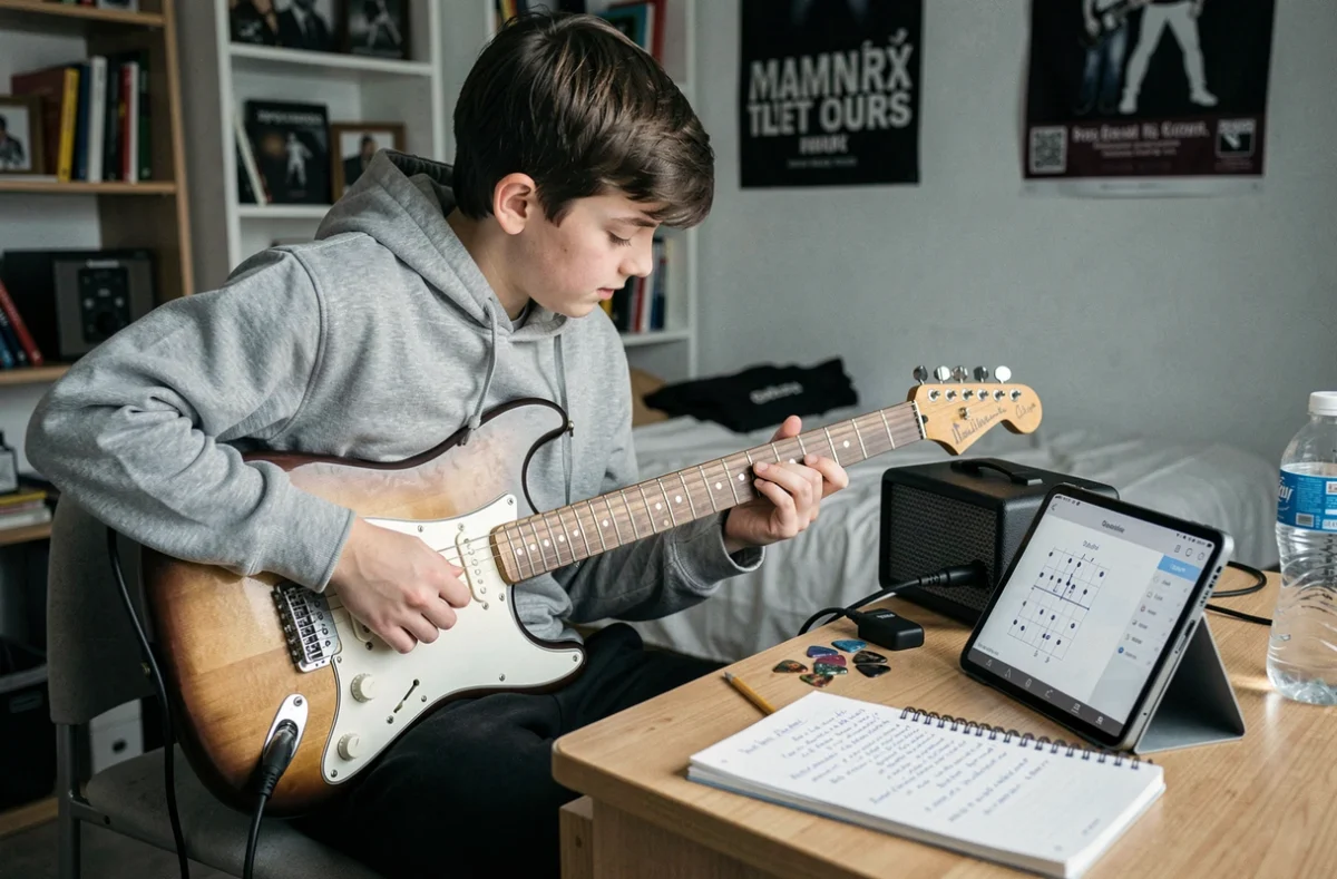 Adolescent apprenant les accords de guitare électrique Gm et Bb avec une application d'accords sur tablette