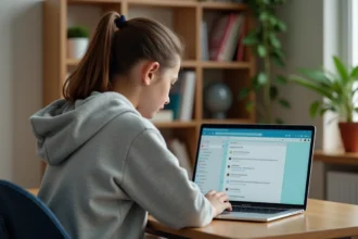 Adolescente lisant les alertes de son ENT scolaire sur un ordinateur portable dans sa chambre