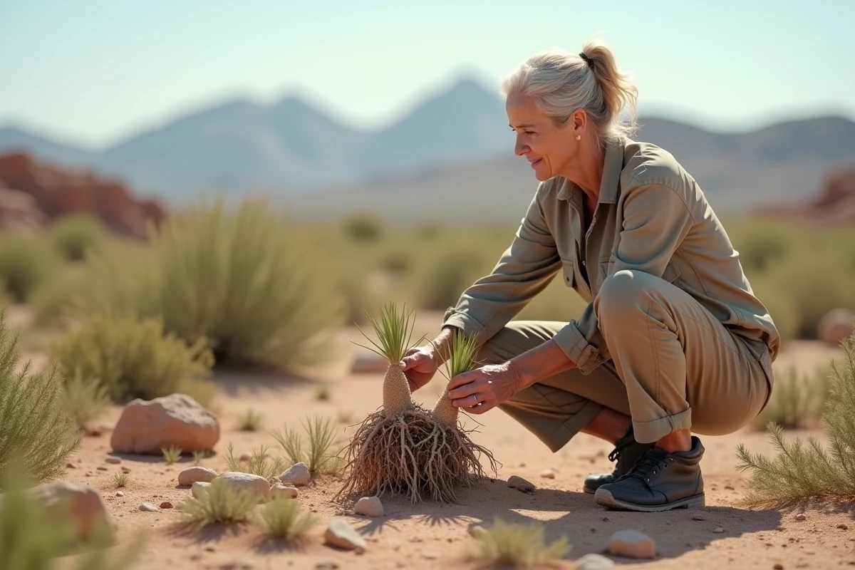 Agronome observant une plante dans le désert