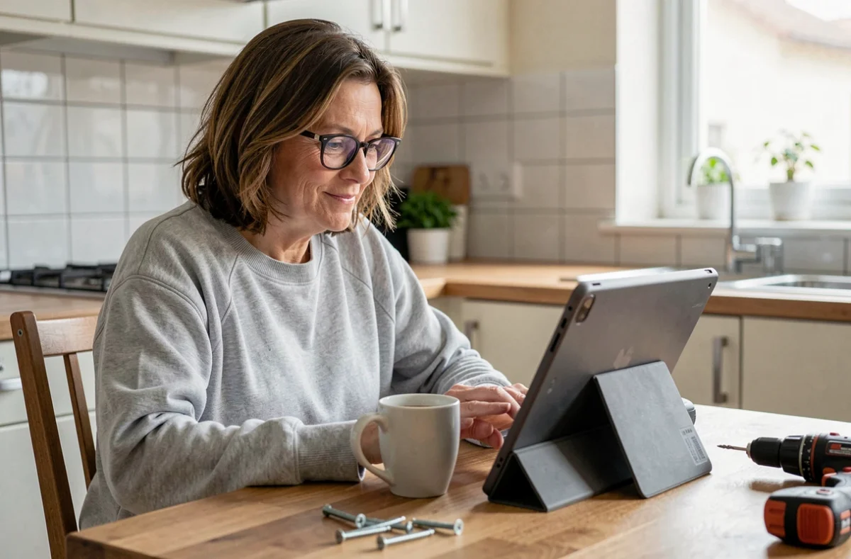 Femme consultant le processus d'inscription sur LeLabDuBricoleur depuis sa cuisine