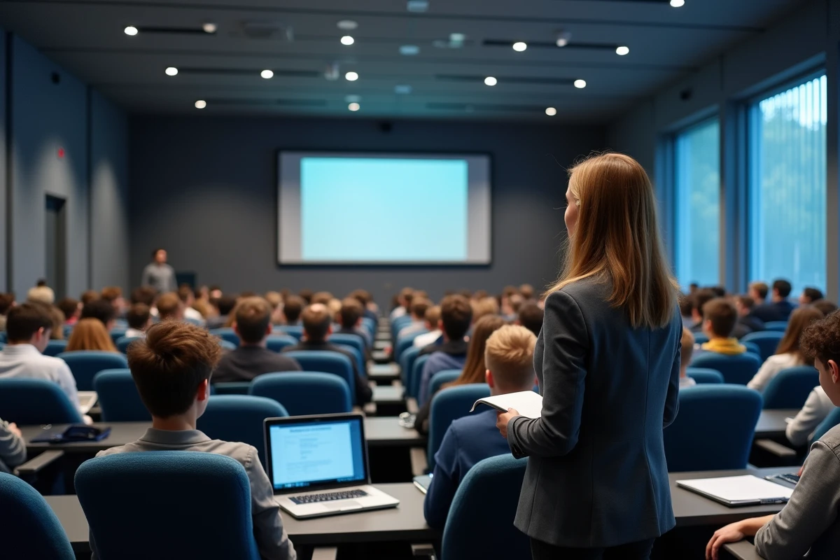 Grande salle d'amphithéâtre d'un lycée moderne en France, enseignante devant des élèves attentifs en cours magistral