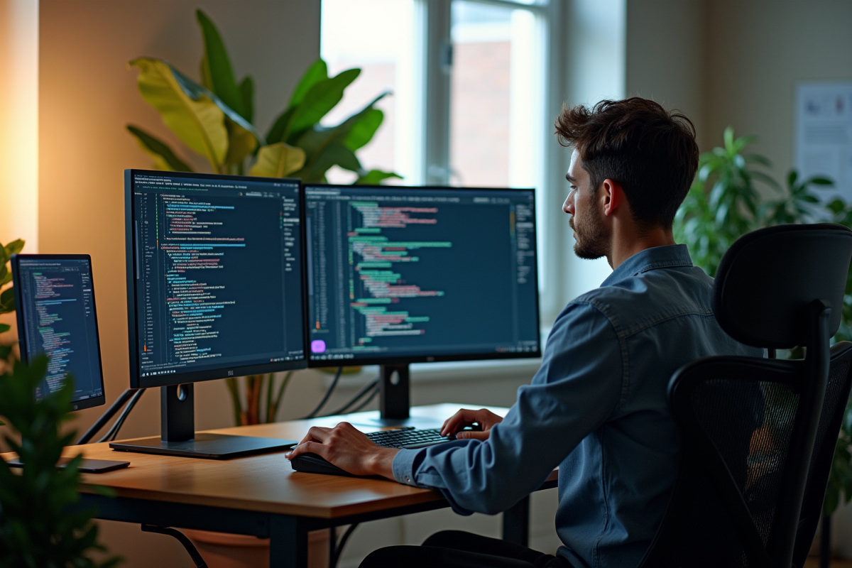 Analyste concentré travaillant seul avec écrans de visualisations de données