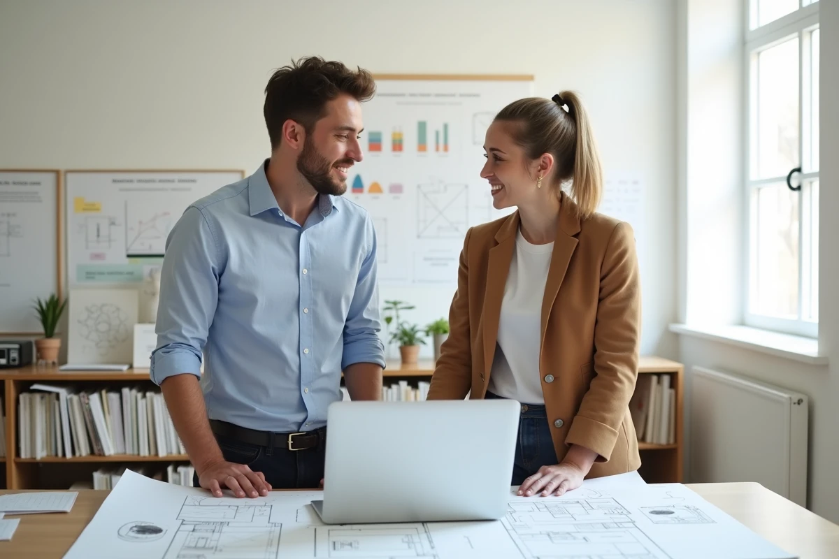 Deux apprenants en formation décoration collaborant sur un projet de plan d'aménagement intérieur