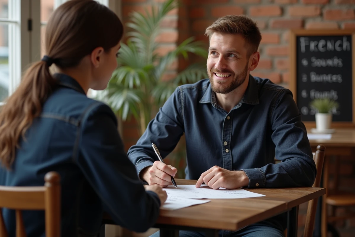 Homme apprenant le français avec un tuteur dans un café, découvrant une erreur courante de grammaire française