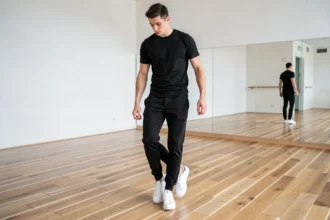 Jeune homme apprenant le moonwalk sur un parquet en bois clair dans un studio de danse moderne