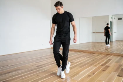 Jeune homme apprenant le moonwalk sur un parquet en bois clair dans un studio de danse moderne