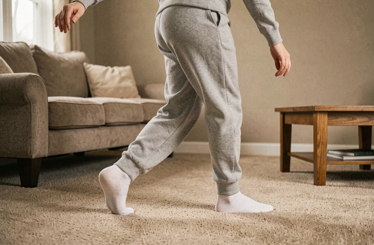 Femme en chaussettes essayant le moonwalk sur un tapis beige dans un salon domestique
