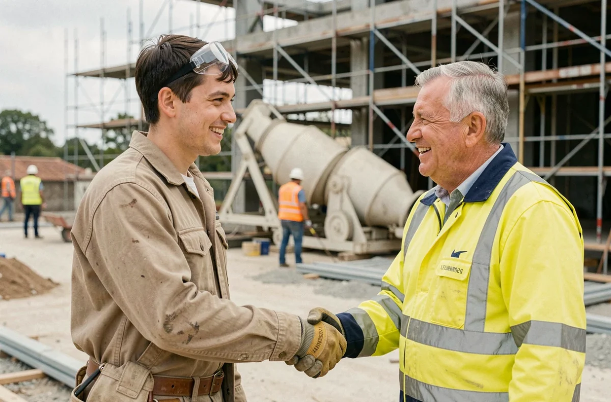 Apprenti BTP en alternance signant son contrat CDI avec un chef de chantier sur un site de construction réel