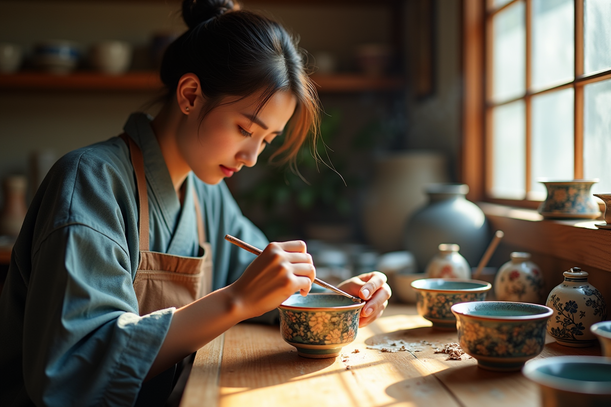 Artisan peignant des céramiques japonaises avec des motifs détaillés