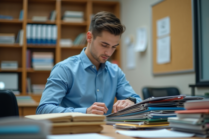 Jeune assistant en organisation de dossiers dans un bureau éducatif