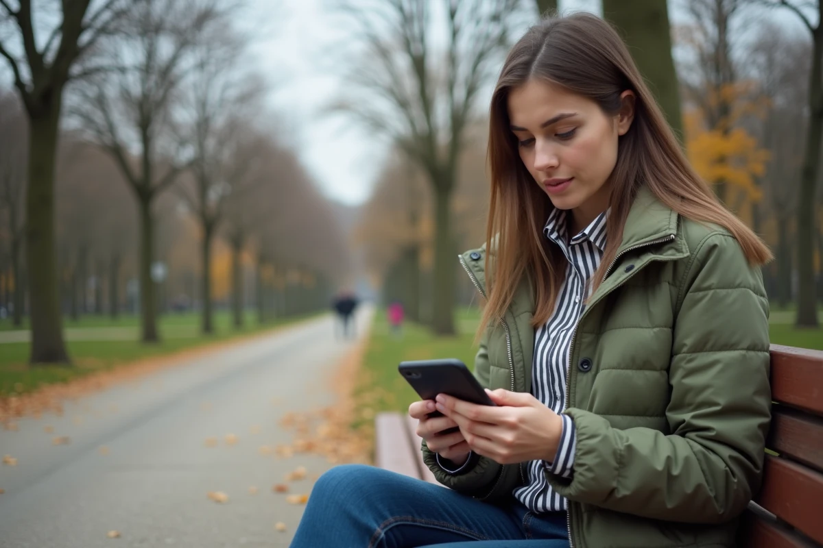 Assistante administrative consultant le portail mobile PIA Académie de Grenoble dans un parc en automne