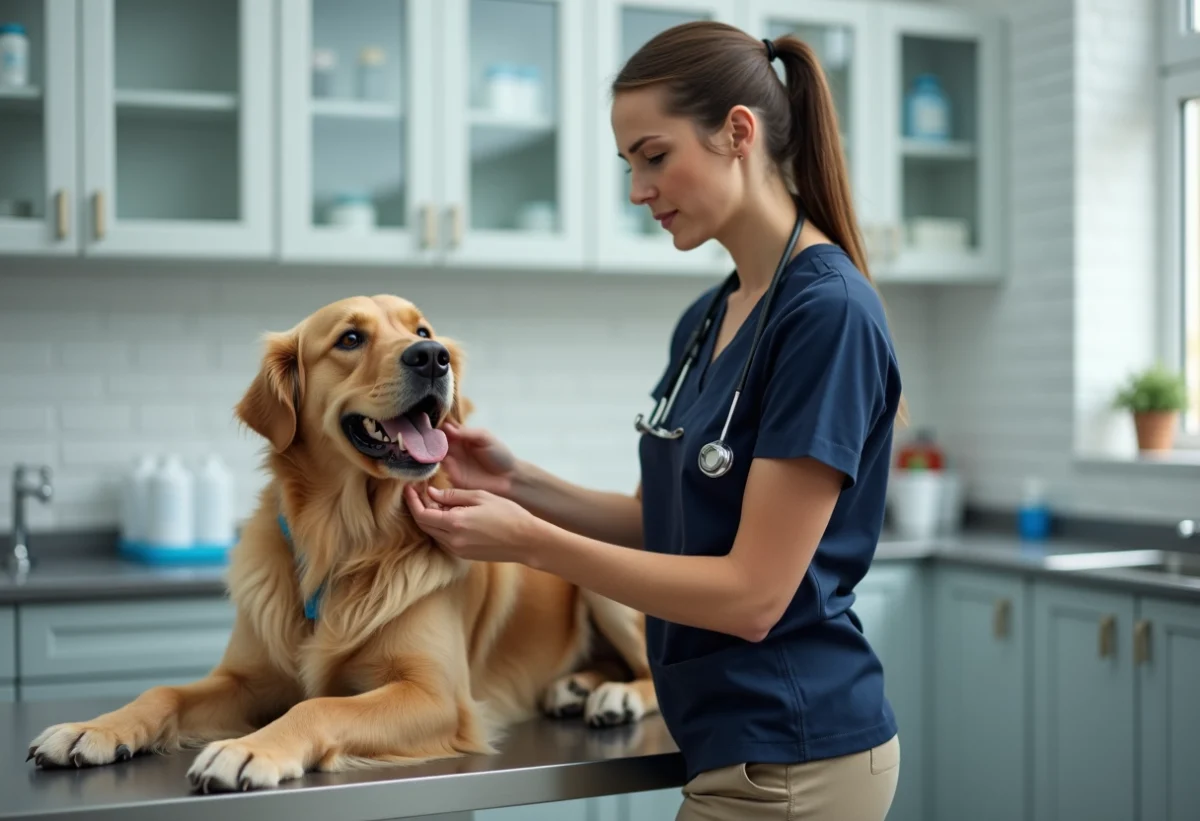Assistante vétérinaire examinant un chien dans une clinique