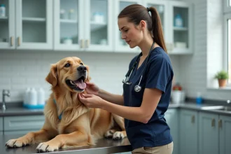 Assistante vétérinaire examinant un chien dans une clinique