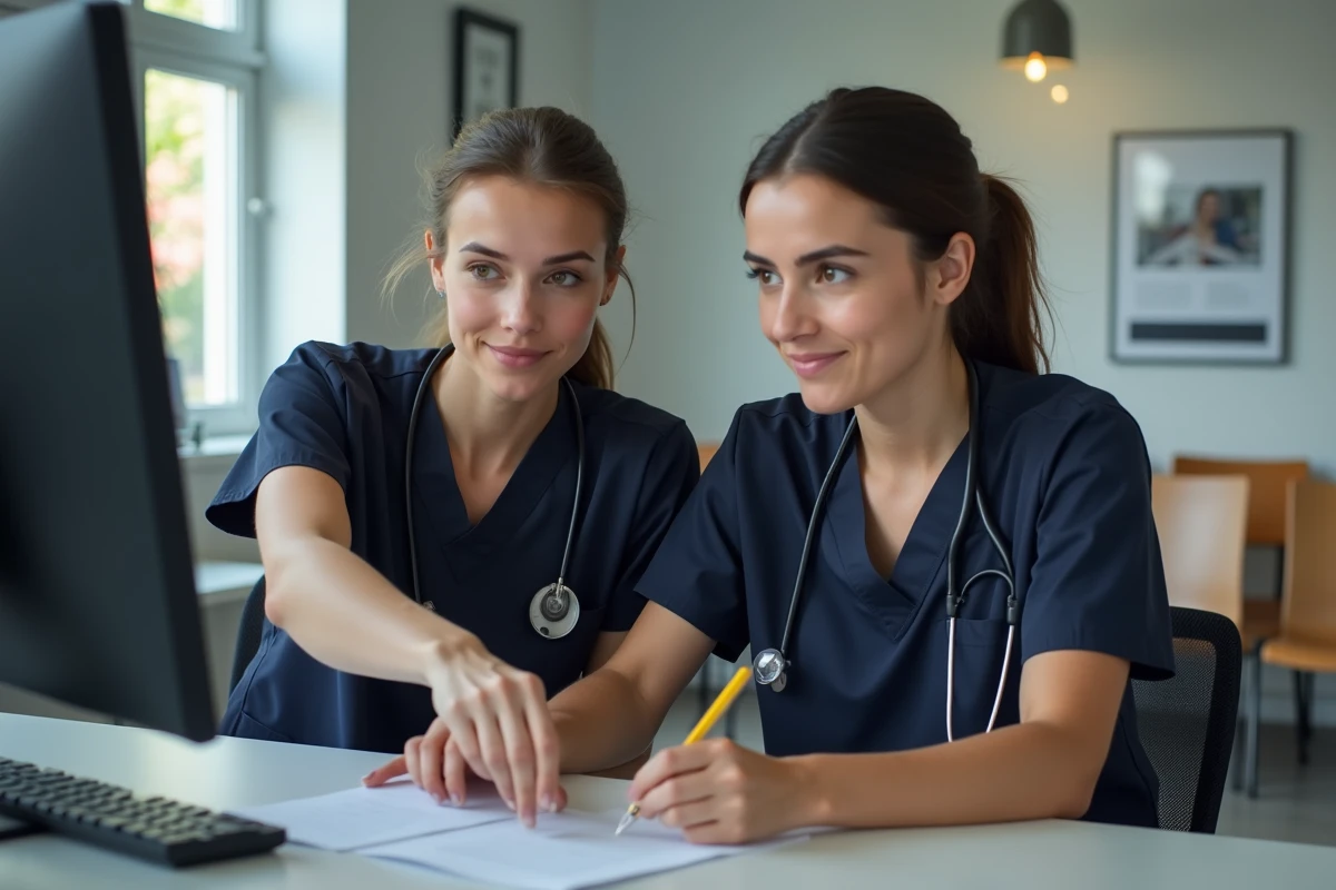 Deux auxiliaires vétérinaires en formation alternance travaillant ensemble à l'accueil d'une clinique vétérinaire régionale