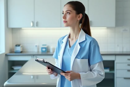 Auxiliaire spécialisée vétérinaire en alternance dans une clinique vétérinaire moderne tenant un dossier patient