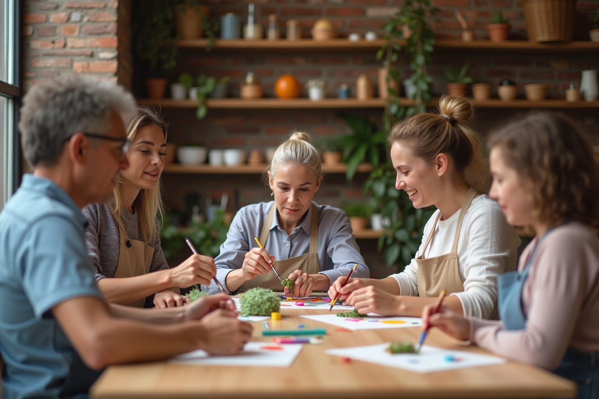 Groupe d'adultes créant ensemble dans un atelier lumineux