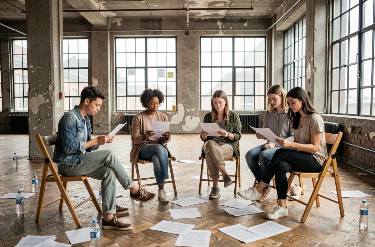Groupe d'étudiants comédiens en atelier de jeu dans un studio de formation alternatif au Cours Florent