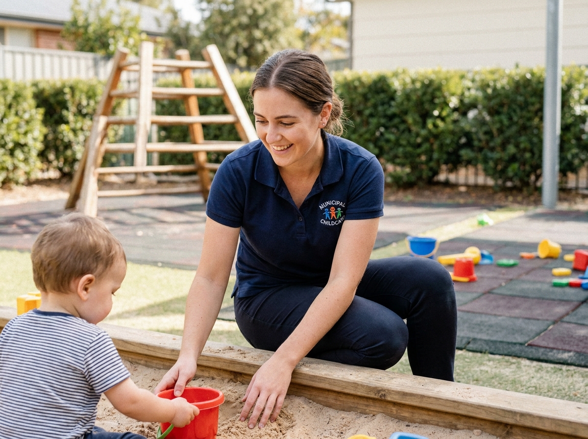 Auxiliaire de puériculture en formation professionnelle accompagnant un enfant en bas âge dans un jardin de crèche municipale