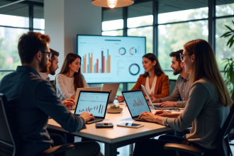 Espace de travail moderne avec équipe marketing collaborant