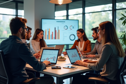 Espace de travail moderne avec équipe marketing collaborant