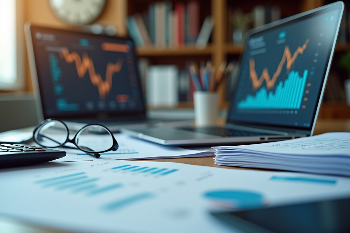 Espace de travail avec ordinateur et rapports financiers