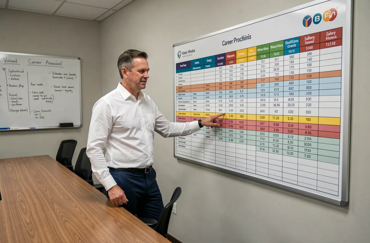 Cadre supérieur présentant un tableau de progression salariale par grade et échelon en salle de réunion