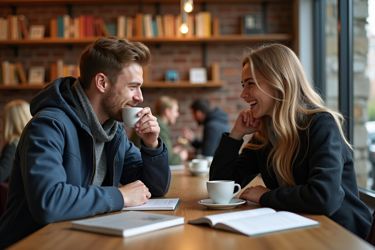 Deux jeunes adultes discutent autour d'un café dans un café convivial
