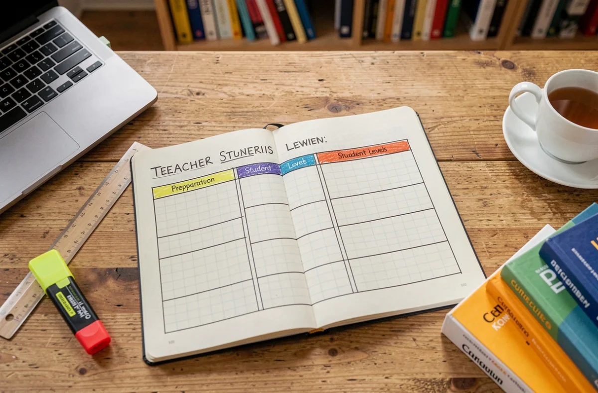 Vue de dessus d'un cahier de préparation enseignant ouvert avec grilles de différenciation par niveaux et outils pédagogiques