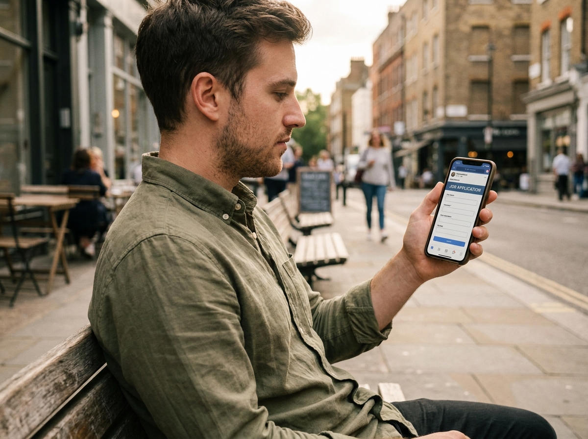 Jeune professionnel consultant une offre d'emploi sur son smartphone via un réseau social en milieu urbain