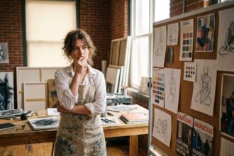 Jeune femme réfléchissant devant un tableau de référence avec brochures d'écoles d'arts créatifs dans un atelier en briques apparentes