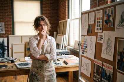 Jeune femme réfléchissant devant un tableau de référence avec brochures d'écoles d'arts créatifs dans un atelier en briques apparentes