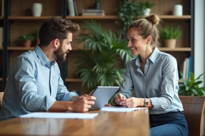 Coach femme en réunion avec un client dans un bureau moderne