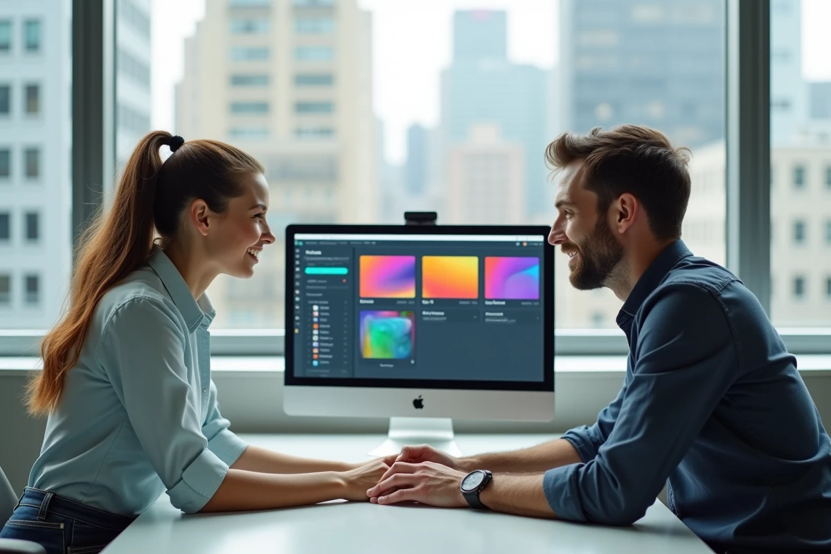 Deux jeunes professionnels en train de suivre une formation Canva gratuite sur ordinateur dans un bureau moderne