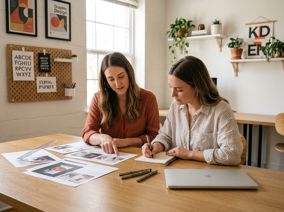 Deux graphistes en formation collaborant sur une mise en page imprimée dans un espace de travail créatif partagé