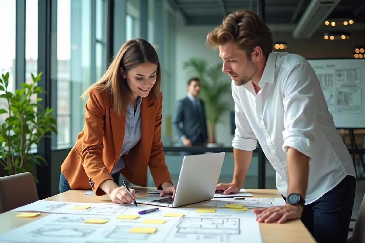 Deux jeunes professionnels du design collaborant sur une présentation de projet dans une salle de réunion d'un hub d'innovation