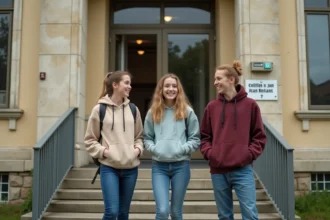 Anciens élèves devant l'entrée du collège Jean Rostand, façade typique d'un établissement scolaire français