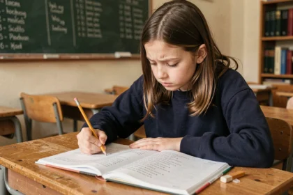 Collégienne studieuse révisant les verbes irréguliers du 3ème groupe dans un cahier de grammaire française en classe