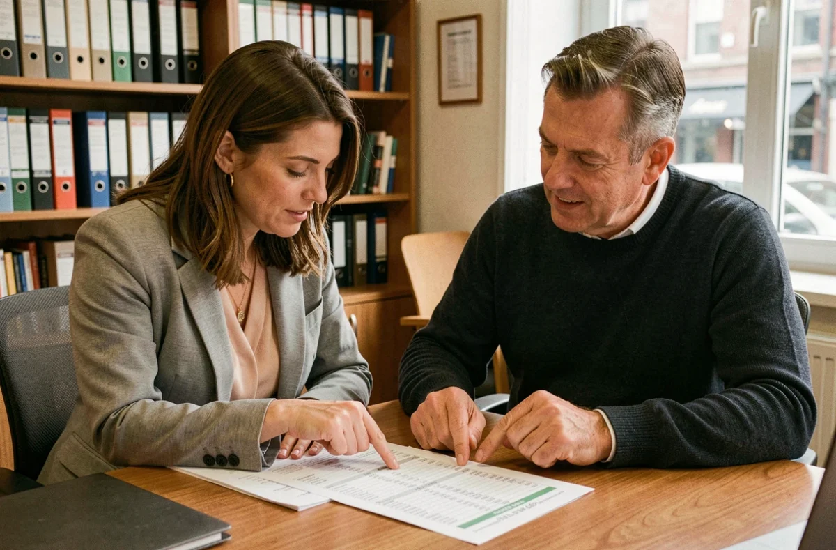 Deux collègues comparant des documents de grille salariale selon l'ancienneté et le grade dans un bureau administratif