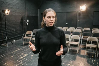 Jeune comédienne en répétition dans un petit théâtre indépendant, alternative au Cours Florent