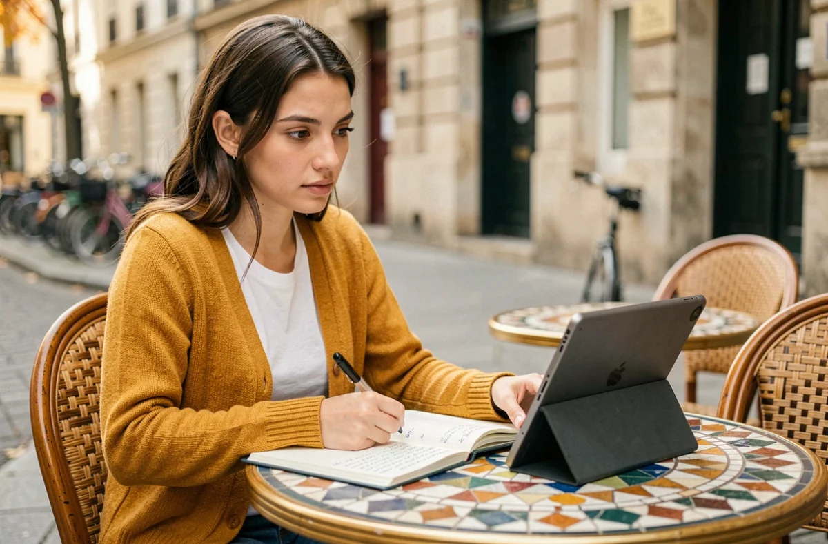Jeune femme comparant un cahier papier et une tablette numérique pour ses exercices d'écriture quotidiens dans un café