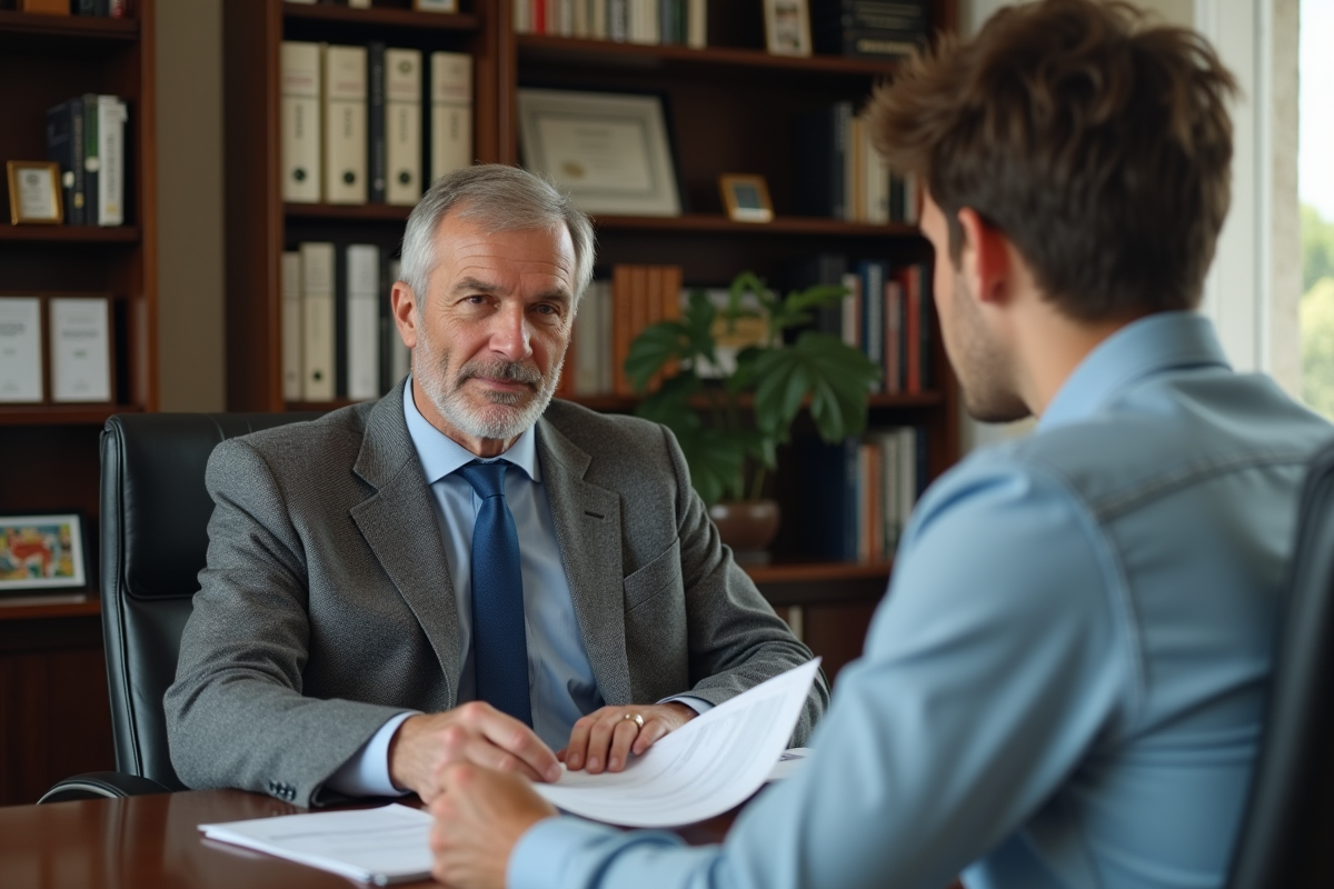 Comptable mature explique des documents fiscaux à un client dans un bureau traditionnel