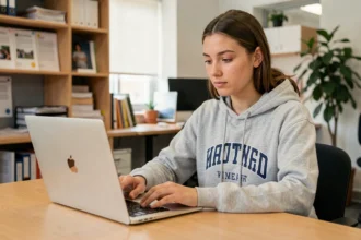 Étudiante connectée à la messagerie AC Strasbourg sur un ordinateur portable dans un bureau universitaire